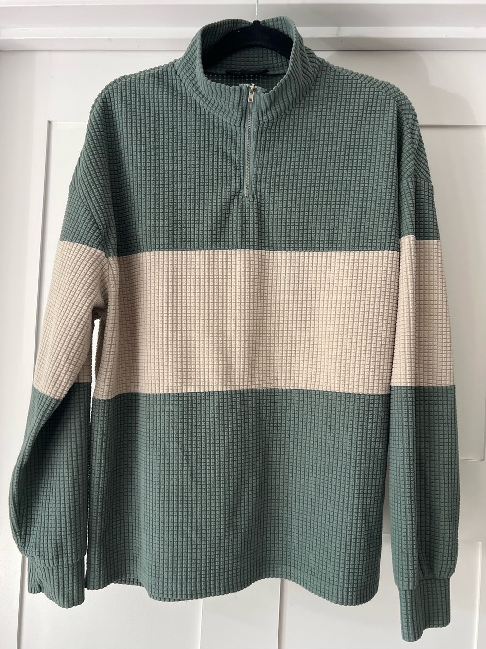Men's Cotton Blend Quarter-Zip Colorblock Waffle Pullover - Green & Cream Size L